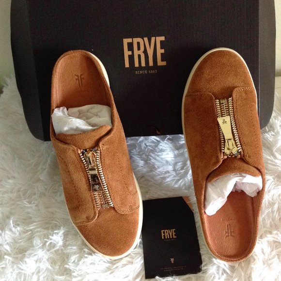 Frye Lena Zip Tan Suede Mules - Picture 7 of 12